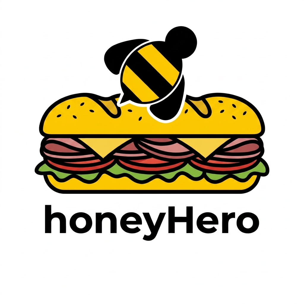 honeyHero logo featuring a bee landing on a sub sandwich